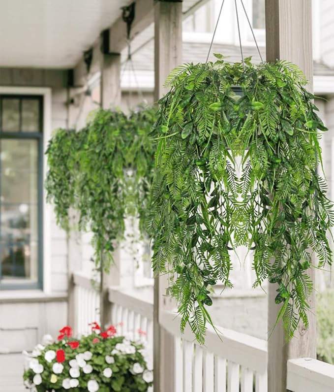 Hollyone 2pcs Artificial Hanging Plant 36" Faux Ferns Artificial Plastic Greenery Ivy Leaves Fake Vines for Wall Farmhouse Living Room Kitchen Shelf Garden Home Patio Indoor Outdoor Decor