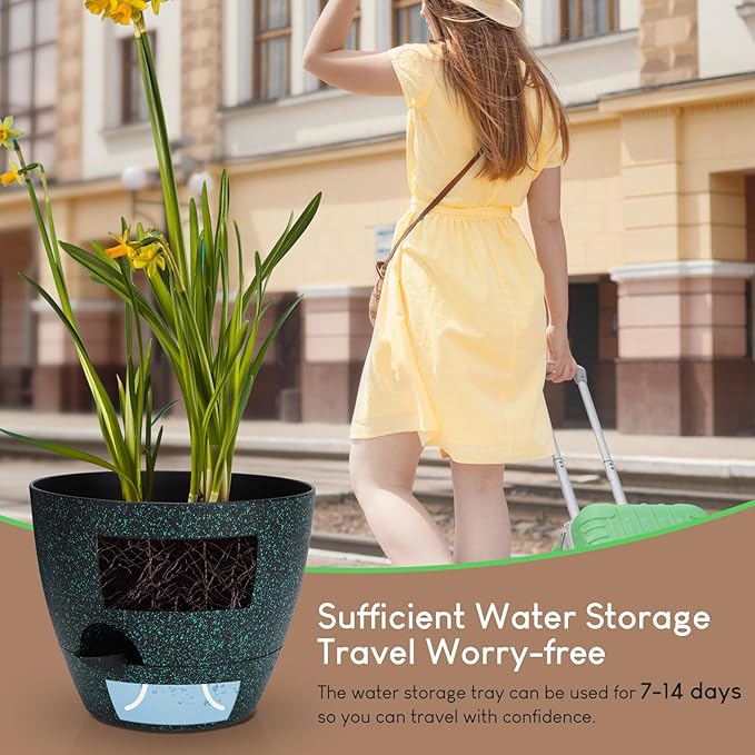 Plant Pots 10/9/8/7.5/7 inch, Self Watering Planters with Drainage Holes & Saucers for Indoor and Outdoor Plants (Green Speckles)