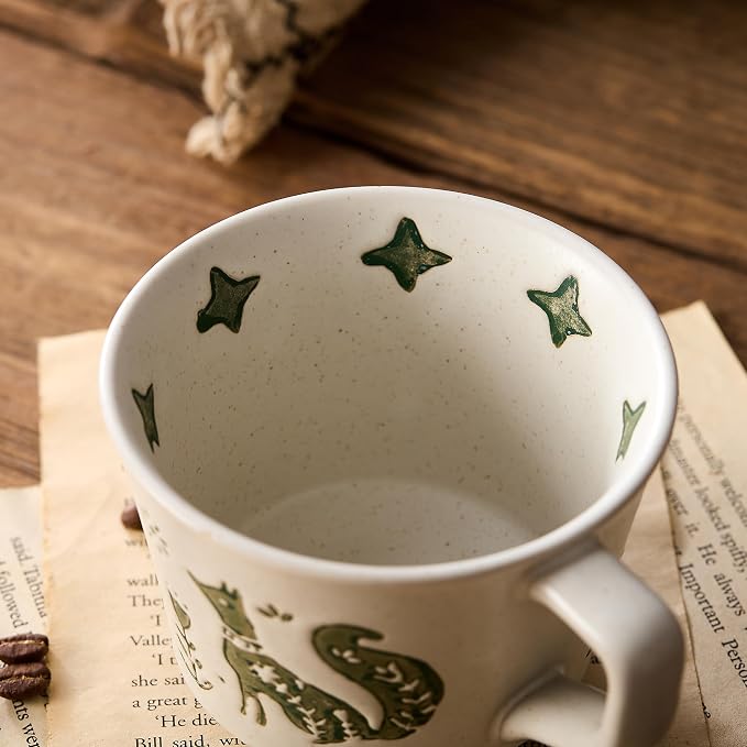 12 oz Vintage Ceramic Coffee Mug Set of 4 - Handmade Stoneware Pottery Countryside Farmhouse Fall Autumn Tea Mugs with Big Handle for Latte,Cocoa,Dishwasher & Microwave Safe Cups (Animals)