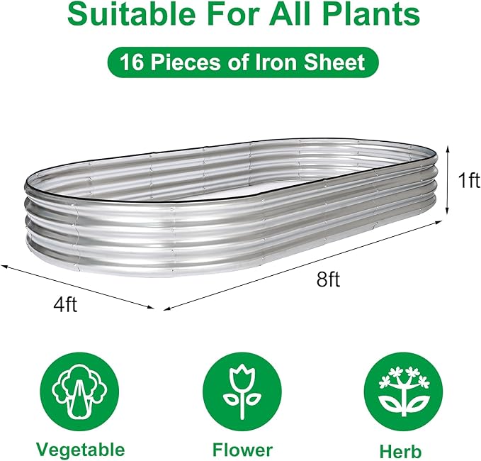 JERIA 8×4×1ft Oval Raised Garden Bed,Galvanized Raised Garden Bed Kit Outdoor Metal Gardening Planter Box for Vegetable, Fruits, Flower,Herbs