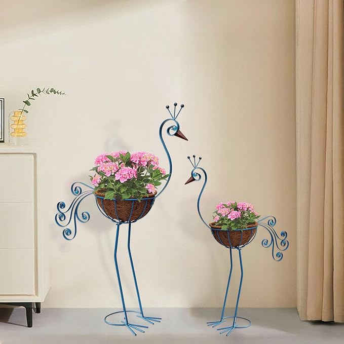 Metal Peacock Planter with Fiber Basket -Garden Bird Planters for Outdoor Indoor Lawn,Yard,Porch,Patio, Garden Decorations(Set of 2)
