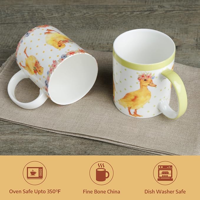 Maison d' Hermine Coffee Mug with Handles Tea Cups (15 Ounce, Pack of 2) | Fine Bone China Coffee Mugs for Hot Beverages Cappuccino Latte Home Restaurant Hotel Spring Summer -Ducklings In Spring