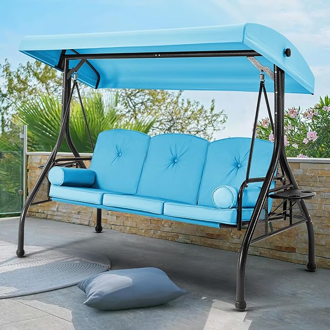 HOMREST 3 Seat Outdoor Porch Swing with Adjustable Canopy, Convertible Patio Swing Bed with Stand, Patio Glider Swing with Upgraded Cup Holder, Thicken Cushions & Pillow for Backyard(Sky Blue)