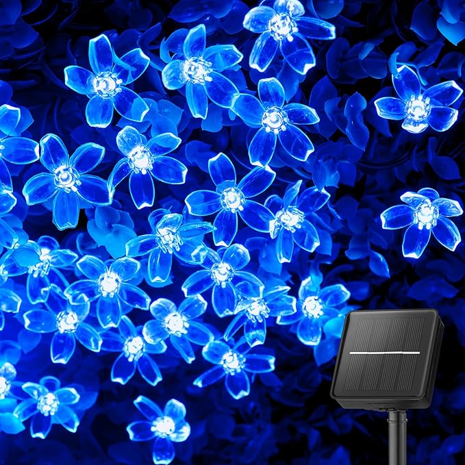 Brightown 60 LED Solar Flower String Lights for Outside Waterproof Fairy Lights for Garden Yard Fence Patio Christmas Tree Wedding Party Decor, Blue