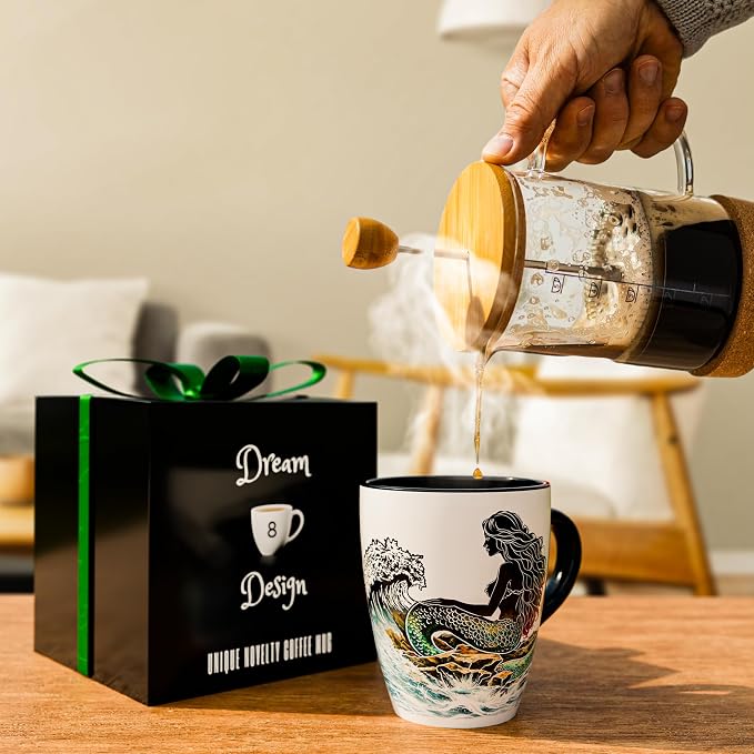 Color Changing Mermaid Coffee Mug 12oz – Heat Sensitive Ceramic Cup with Ocean Waves & Dolphin Design, Coastal Beach Theme Mug, Unique Christmas Holiday Birthday Gift for Mermaid Lovers, Men & Women