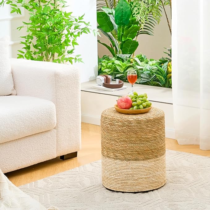 Wimarsbon Ottoman Poufs, 100% Natural Seagrass Pouffe, Hand Weave Round Footstool with Wood Frame, Sitting Braided Footrest, Home Boho Decorative Seat, Accent Chair for Living Room, Bedroom