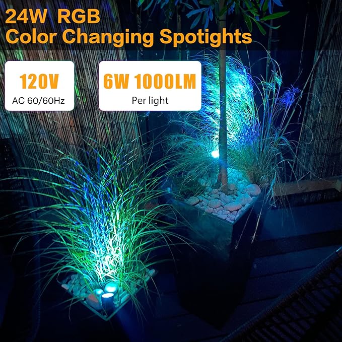 Landscape Lighting, 24W RGB Spot Lights Outdoor for Yard with Transformer & Remote 12 Colors and 19 Modes Outdoor Lights for House Lawn Tree Flag Garden Driveway Backyard Fence Plant, 4 Pack