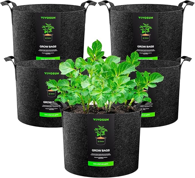 VIVOSUN 5-Pack 25 Gallon Plant Grow Bags, Heavy Duty Thickened Nonwoven Fabric Pots with Handles