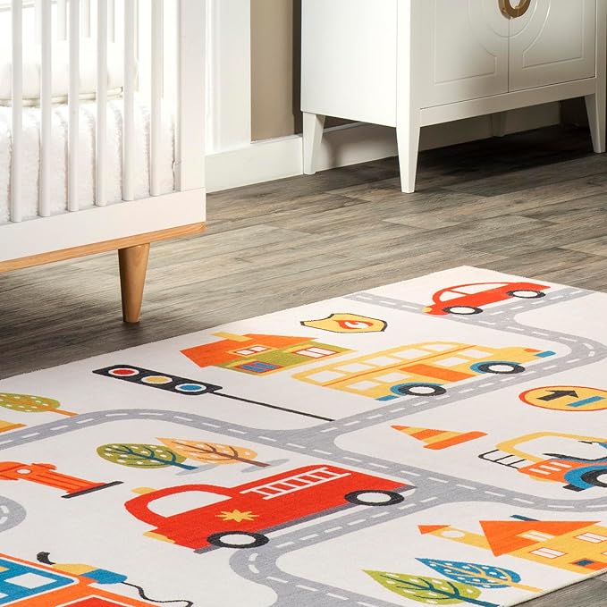 nuLOOM Carmina City Streets Machine Washable Kids Ultra Thin Area Rug, 3' x 5', White Multi