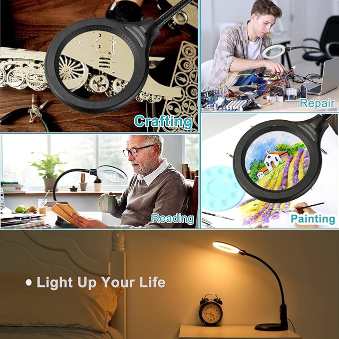8X Magnifying Glass with Light and Clamp, 5 Color Modes Stepless Dimmable Lighted Magnifier with Stand, Flexible Gooseneck LED Desk Lamp Hands Free for Craft Reading Painting Hobby Close Work
