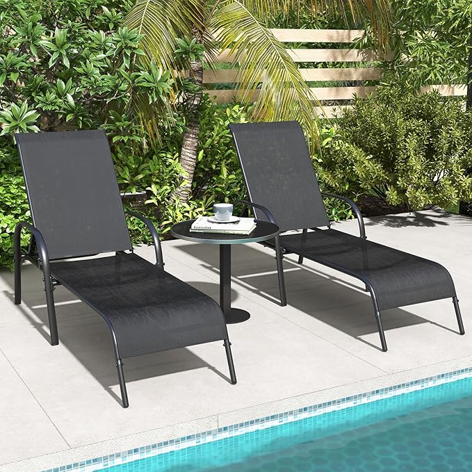 Giantex Patio Lounge Chair, Outdoor Chaise Lounge with 5 Adjustable Backrest, Sturdy Steel Frame, Sunbathing Recliner, Beach Chair, Tanning Chair for Outside, Yard, Balcony, Pool Chairs, Black