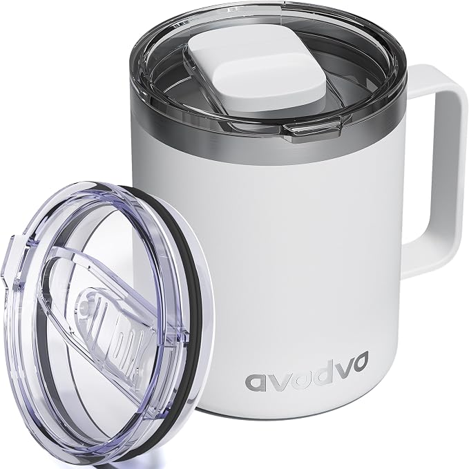12oz Insulated Coffee Mug with Lid – Includes Two Lids, Stainless Steel Coffee Travel Mug with Handle, Double Wall Vacuum Insulated Camping Mug for Home, Office & Outdoor, White