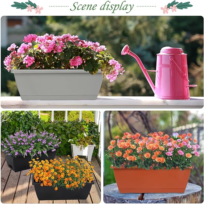 12Pcs 17Inches Rectangle Planter Box with Drainage Holes and Trays Plastic Planters Flower Boxes Pots for Indoor Outdoor Plants Patio Garden Home Decor Porch Yard (Black)