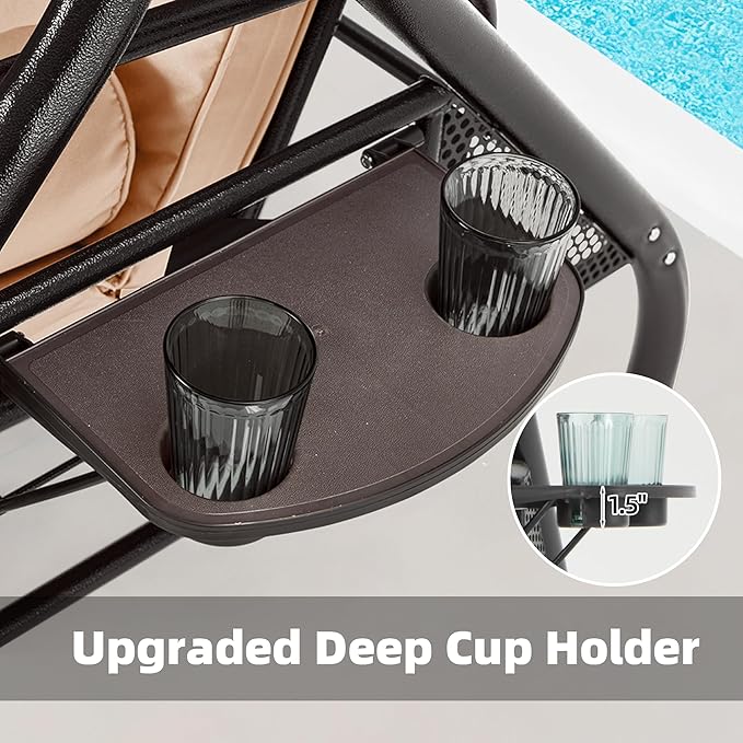 HOMREST 3 Seat Outdoor Porch Swing with Adjustable Canopy, Convertible Patio Swing Bed with Stand, Patio Glider Swing with Upgraded Cup Holder, Thicken Cushions & Pillow for Backyard(Khaki)