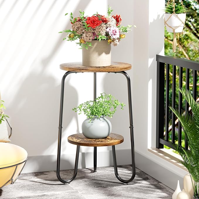2 Tier Wood Plant Stand Indoor, Small Round Flower Pot Stand, 19.6" Tall Single Plant Holder for Living Room, Balcony, Rustic Brown End Side Table(Rustic Brown)