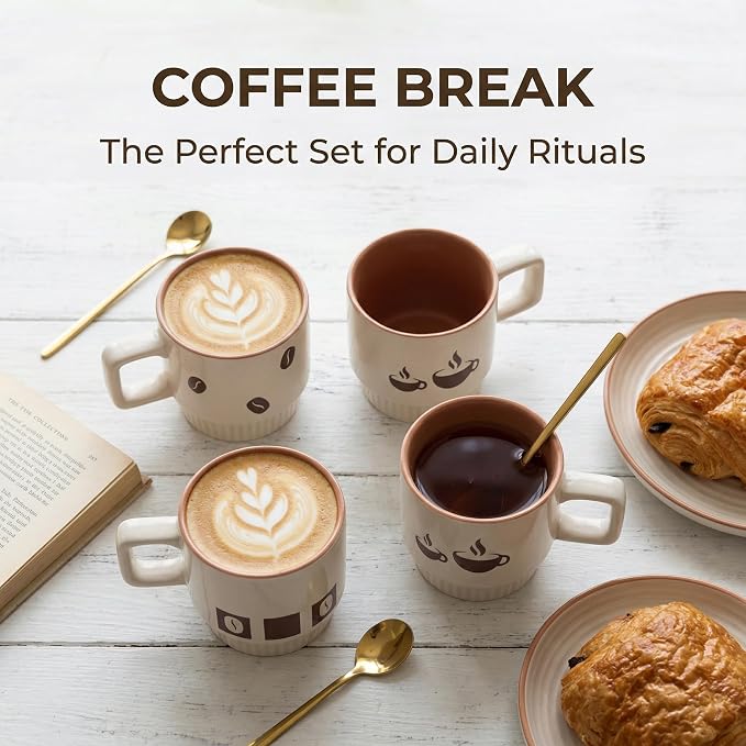 Stackable Coffee Mug Sets of 4 with Rack Tea Cup Set with Spoon 11oz for Coffee, Tea, Cocoa, Cappuccino, Hot Chocolate Ceramic Espresso Cups with Coffee Cup Holder, theme of Trendy