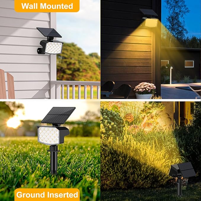 Solar Spot Lights Outdoor Waterproof Adjustable Solar Powered Landscape Lights for Yard 3 Long Time Lighting Modes Spotlights for Pathway Garden Outside Wall Pool Porch- 2 Pack, Warm White