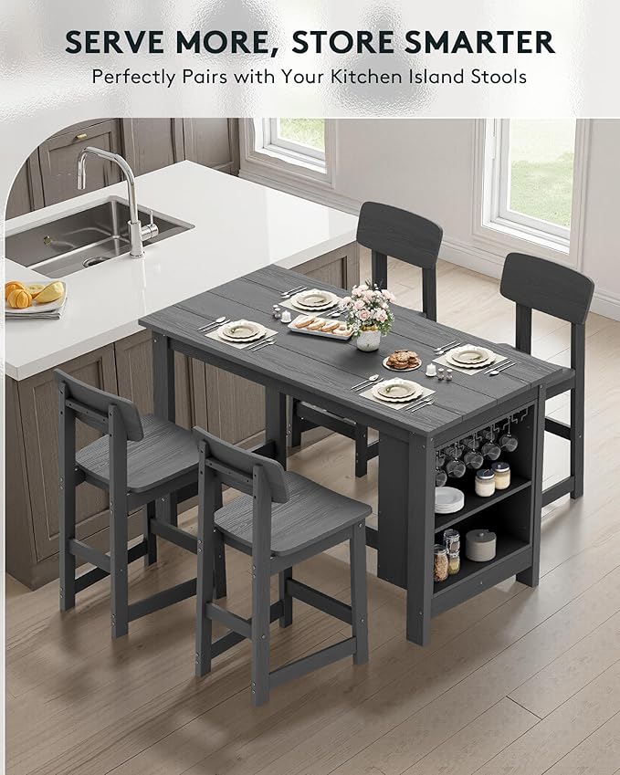 SERWALL 10-Piece HDPE Counter Height Dining Table Sets with Storage and Wine Rack, 2 Rectangular Bar Table with Bar Stools Set of 8 for Garden, Backyard, Kitchen, Gray