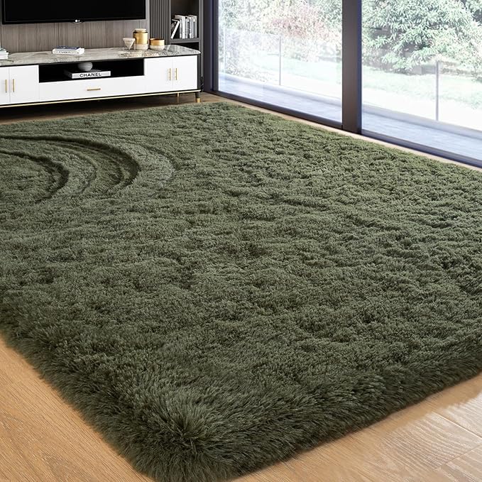 Softlife Rug for Bedroom 4x5.3 Feet Area Rug for Living Room Super Soft Shaggy Rugs for Kids Room Fluffy Fuzzy Carpets Long Plush Bedside Rug Nursery Christmas Home Decor for Boys Girls, Olive Green