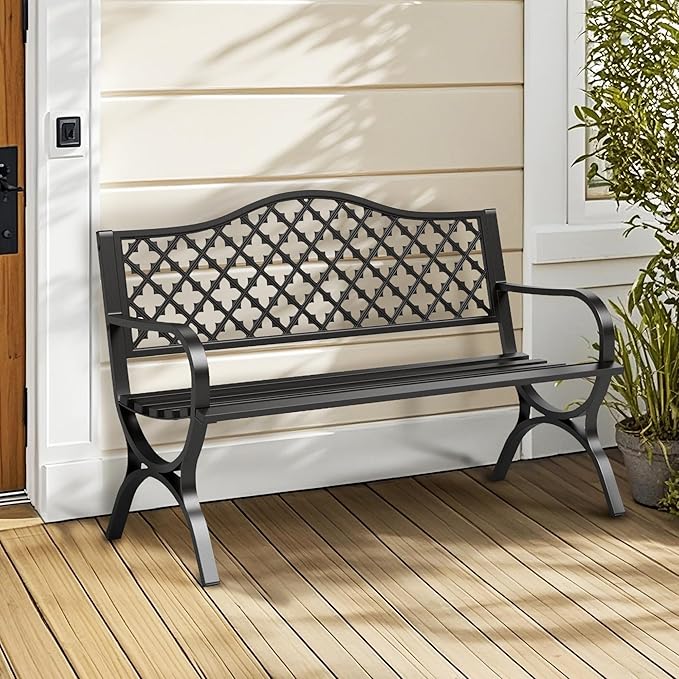 Sophia & William Outdoor Bench, 50 inches Metal Garden Bench, Cast Iron Park Benches for Outside with Floral Backrest and R-Shaped Legs for Porch Yard Lawn Deck, Black
