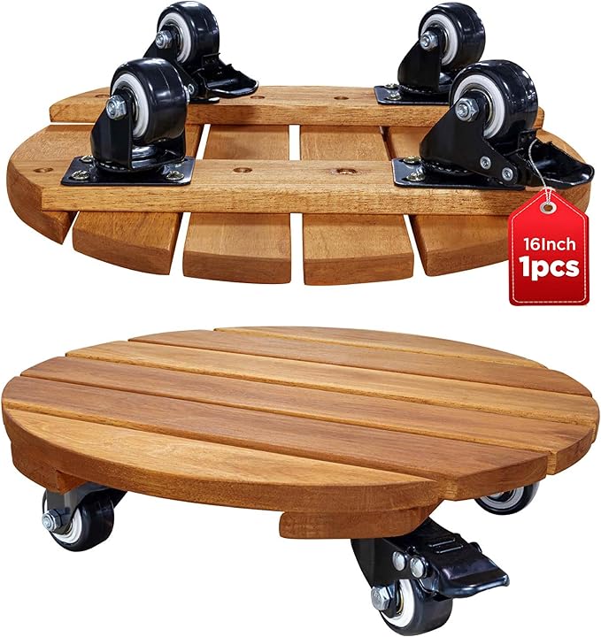Idzo 16inches Capacity 500lbs Wood Plant Caddy With Wheels Heavy Duty, Acacia Hardwood Plant Dolly, Plant Stand with 360° Lockable Wheels for Plant Pots, Heavy Objects Hauling - Natural Wood