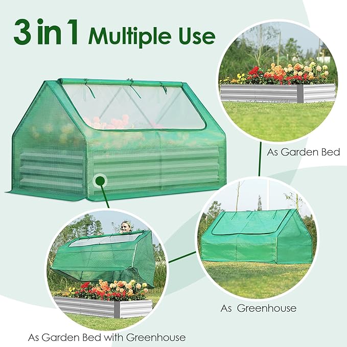 Quictent 6x3x1ft Galvanized Raised Garden Bed with Cover Metal Planter Bottomless Box w/ 2 Large Screen Windows Mini Greenhouse 20pcs T-Tags 1 Pair Gloves Outdoor Growing Vegetables (Green)