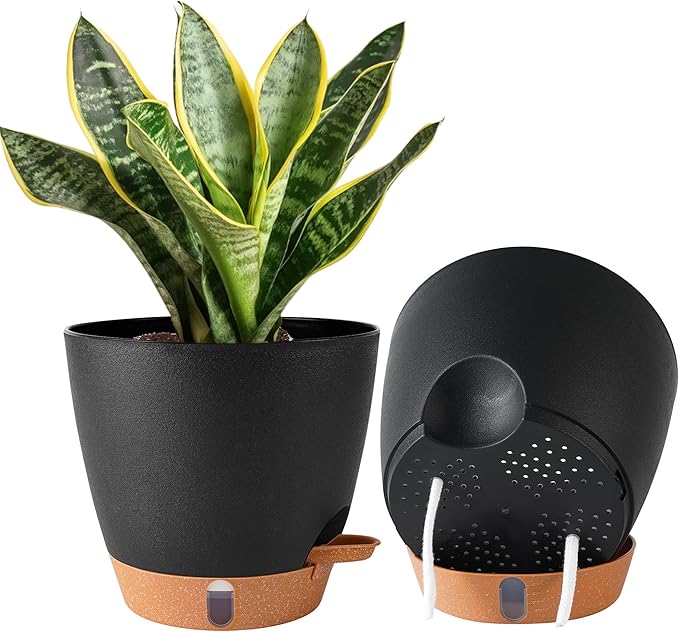 2 Pack 8 Inch Pots for Plants Indoor, Plastic Self Watering Planters with Drainage Holes, Water Level Indicator & Deep Reservoir, Decorative Flower Pots Indoor Outdoor Use (Black