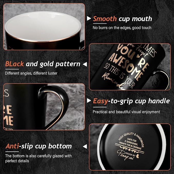 Anniversary Birthday Thank You Gifts for Men, 14oz Unique Black Ceramic Mug | Sometimes You Forget You're Awesome - Gold Print Inspirational Cup, Funny Valentines Day Presents for Boyfriend Husband Him