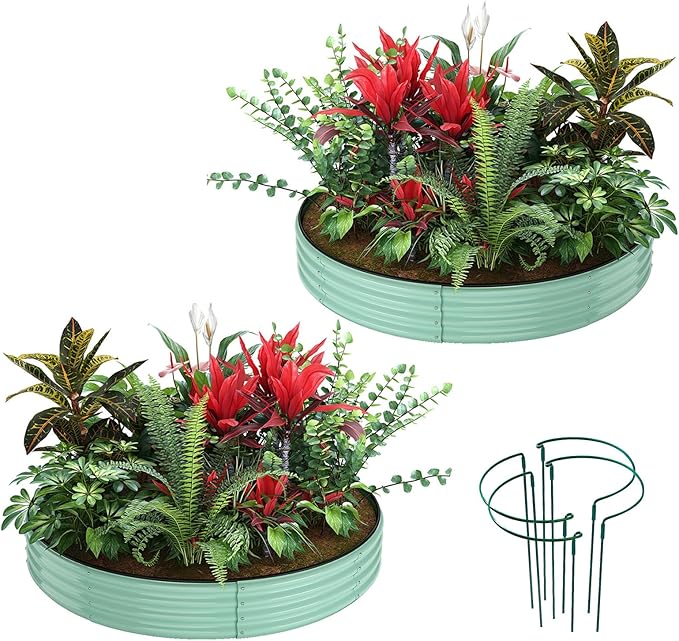 Galvanized Metal Planter Round Raised Garden Bed Kit for Gardening Outdoor,3x3x1ft 2PC Grow Garden Box Raised Flower Bed,Round Galvanized Planter Outdoor Large Metal Fire Pit Ring Green
