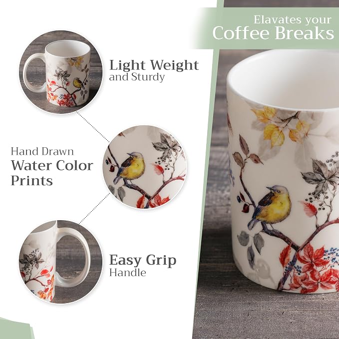 Maison d' Hermine Coffee Mug with Handles Tea Cups (12 Ounce, Pack of 2) | Fine Bone China Coffee Mugs for Hot Beverages Cappuccino Latte Home Restaurant Hotel Spring Summer -Equinoxe - Beige