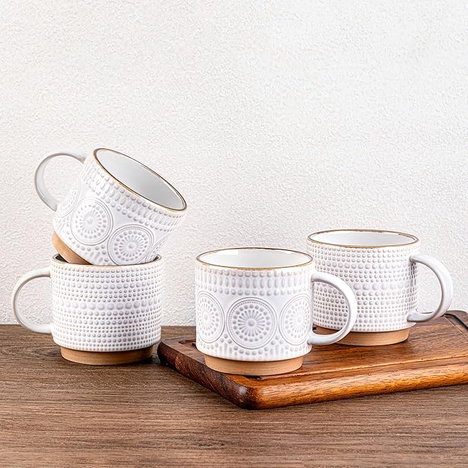 GBhome 12OZ Stackable Coffee Mugs, Ceramic Coffee Mugs with Texture Patterns for Man,Woman,Dad,Mom, Modern Coffee Mugs Set of 4 for Latte/Cappuccino/Cocoa. Dishwasher&Microwave Safe