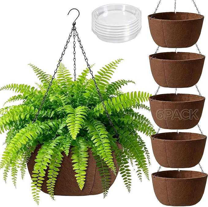 T4U Hanging Planters for Outdoor Plants, 12 Inch 6 Pack Fabric Hanging Baskets with Drainage Tray, Decorative Hanging Pots for Plants Outdoor Patio Porch Garden Use(Brown)