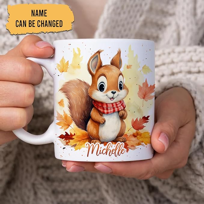 Hyturtle Personalized Fall Squirrel Coffee Mug, Fall Autumn Décor | Birthday Gifts For Squirrel Lovers - Unique Gifts For Farmhouse Thanksgiving - Custom Name 11oz White Ceramic Coffee Tea Mug