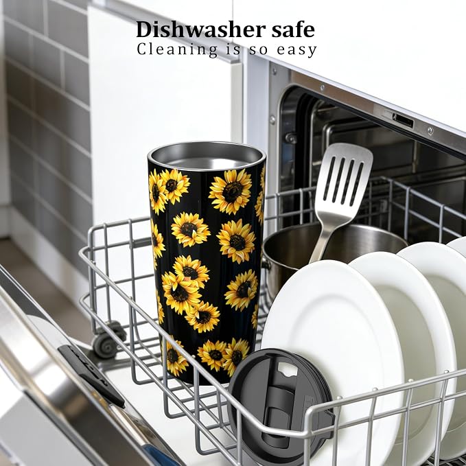 TILUCK 20 oz Insulated Coffee Tumbler with BPA-Free Lid | Travel Coffee Mug, Dishwasher Safe, Cup Holder Friendly, Double-Wall Vacuum Insulation for Hot & Cold Drinks, SunFlower