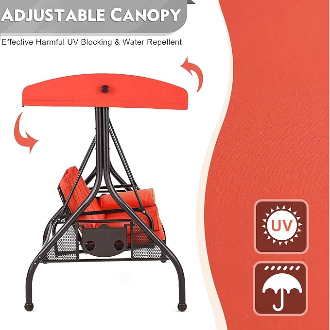 HOMREST 3 Seat Outdoor Porch Swing with Adjustable Canopy, Convertible Patio Swing Bed with Stand, Patio Glider Swing with Upgraded Cup Holder, Thicken Cushions & Pillow for Backyard(Orange)