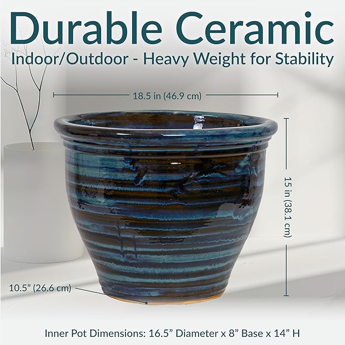 Sunnydaze Large Ceramic Plant Pot - Round Outdoor Glazed Ceramic Planter Pot with Drainage - Studio - Galaxy Blue - 18.5"