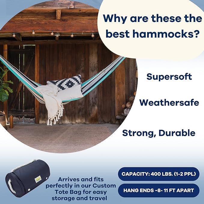 Handwoven Hammock by Yellow Leaf Hammocks - Double Size, Fits 1-2 PPL, 400lb max - Weathersafe, Super Strong, Easy to Hang, Ultra Soft, Artisan Made - Color: Turquoise - Black -White