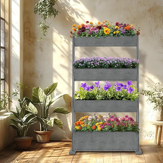 SUNYRISY 4 Tiers Vertical Raised Garden Bed Outdoor Planter Tower, Wooden Freestanding Planter Box for Planting Herbs Flowers Vegetables Backyard Patio Balcony Indoor Outdoor Gardening, Grey