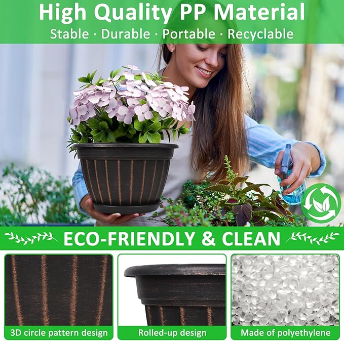 FGstyle 10 Inch Plants Pot,4 Pack Flower Pots,Planters Pot with Drainage Hole & Saucer,Modern Planters for Indoor Outdoor Plants,Decorative Resin Garden Pots for Outdoor Indoor Home Plants (Black)