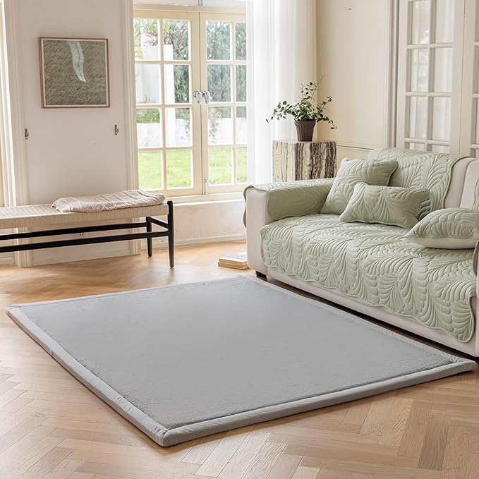 Faux Rabbit Fur Rug - 1.18" Thick Soft Fluffy Area Rug, Non-Slip Memory Foam Crawling Mat, Light Gray, 59"x59"