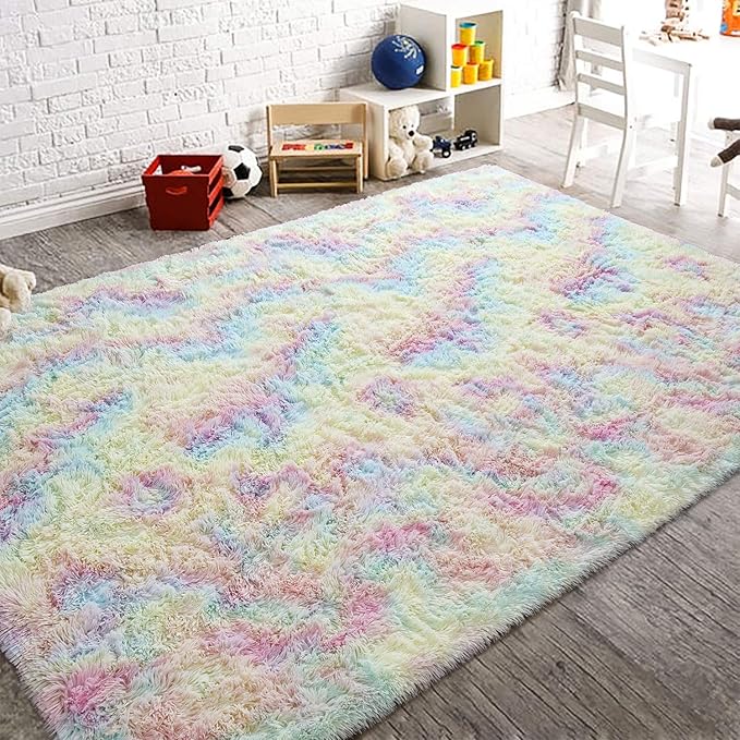AROGAN Soft Rainbow Area Rugs for Girls Room 4x6 Feet, Fluffy Girls Bedroom Rugs, Princess Rug, Cute Colorful Carpet for Kids Teens Nursery Toddler, Pink
