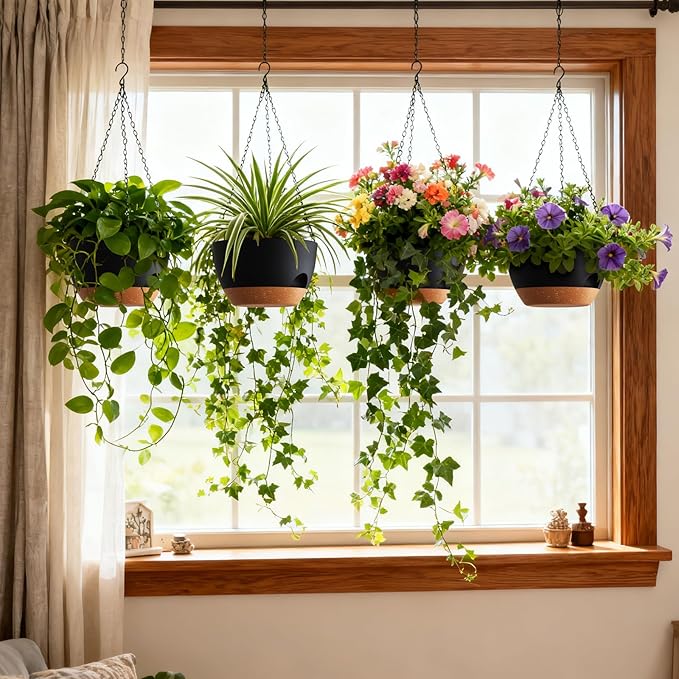 4 Pack 8 Inch Self Watering Hanging Planters for Indoor Outdoor Plants,Hanging Pots for Plants with Drainage Removable Tray, Hanging Baskets Flower Pots for Pothos Spider Garden Black with Brown