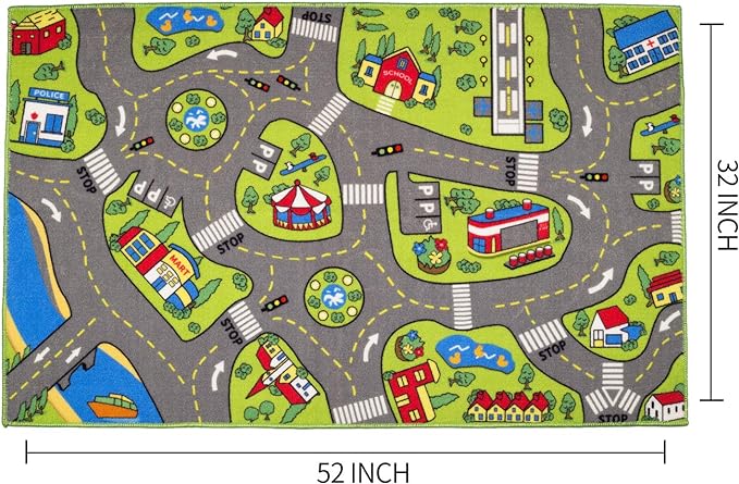 Large Kids Carpet Playmat Rug 52 x 32 with Non-Slip Backing, City Life Play Mat for Playing with Car Toy, Game Area for Baby Toddler Kid Child Educational Learn Road Traffic in Bedroom, Classroom