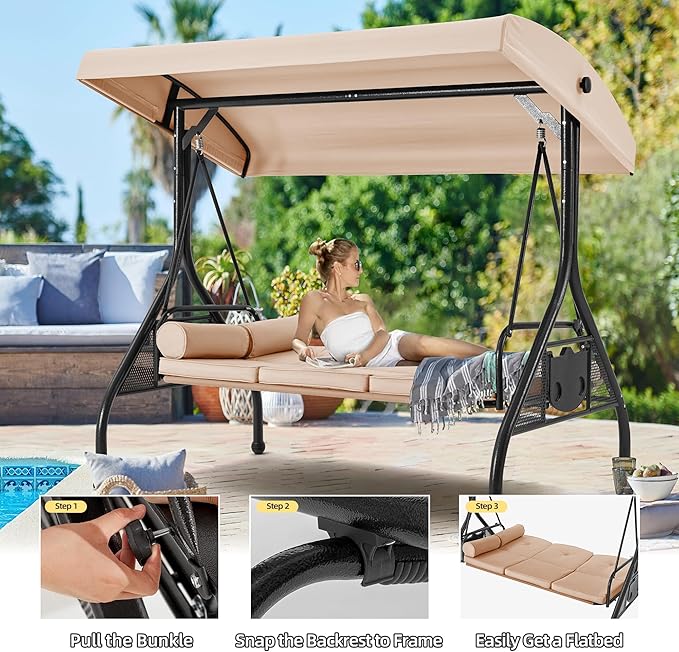 HOMREST 3 Seat Outdoor Porch Swing with Adjustable Canopy, Convertible Patio Swing Bed with Stand, Patio Glider Swing with Upgraded Cup Holder, Thicken Cushions & Pillow for Backyard(Khaki)