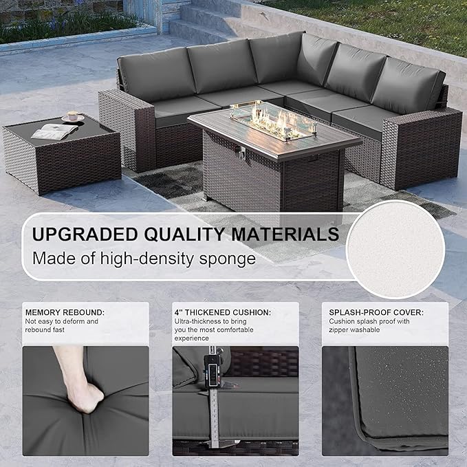Kullavik 10 Pieces Outdoor Patio Furniture Set,PE Wicker Rattan Sectional Sofa Patio Conversation Sets with 43" 55000BTU Gas Propane Fire Pit Table,Swivel Rocking Chairs Set,Grey