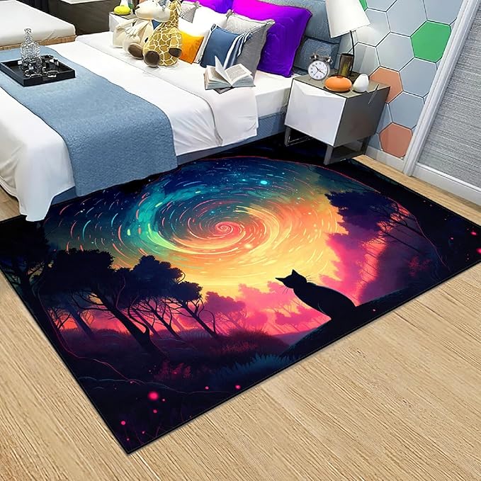 Moon Black Cat Rug - Mystical Stary Night Cat Rug for Kids Bedroom Colorful Black Cat Rug Decor Room Cat Door Mats Outdoor Entrance, 4.5x6 Feet