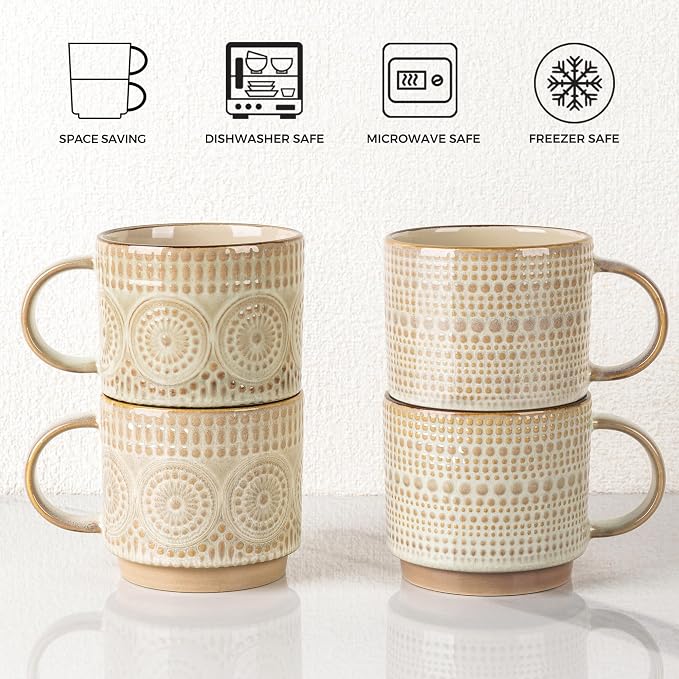 GBhome 16OZ Stackable Coffee Mugs, Ceramic Coffee Mugs with Texture Patterns for Man,Woman,Dad,Mom, Modern Coffee Mugs Set of 4 for Latte/Cappuccino/Cocoa. Dishwasher&Microwave Safe