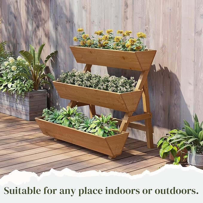 3-Tier Wooden Vertical Raised Garden Bed with Legs, Tiered Planter Box, Vertical Garden Planter,Wood Plant Stand Wood Flower Rack for Patio, Balcony, Freestanding. (Brown-Large)