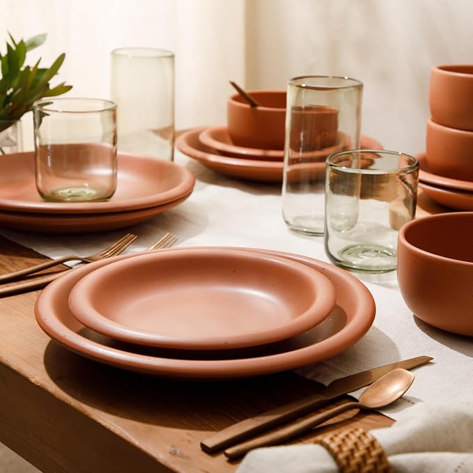 Bloomhouse - Two Time Oprah's Favorite Things Winner - Corsica Clay 12-Piece Stoneware Rustic Reactive Glaze Dinnerware Set - Stackable Plates Bowls Set Service for 4 - Matte Burnt Apricot Terracotta