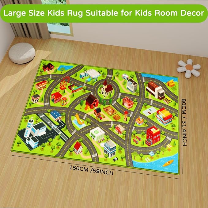 Kids Rugs Traffic Road Carpet for Car City Map Play Rug 3.3'×5' for Playroom Educational Mat Area Rug, Kid Playtime Collection Toddler Car Track Rug Cute Cartoon (City Road A, 39.4×59 in)